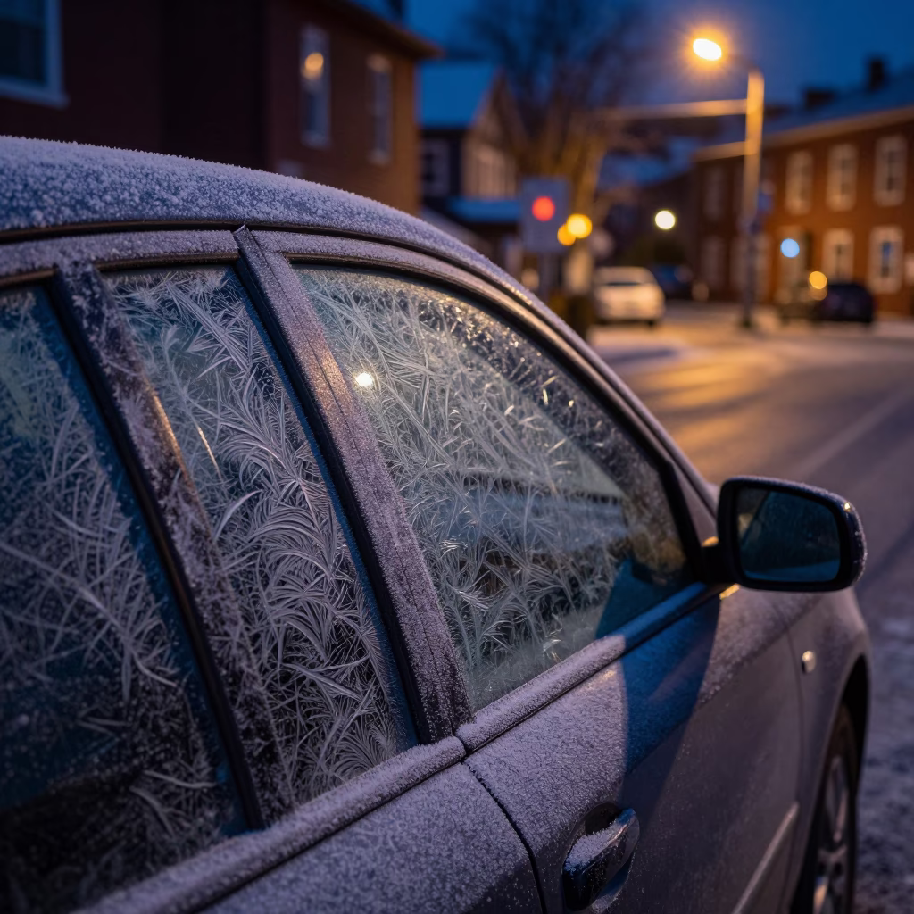 Halifax Night Street Scene with Frost Patterns on Car Window and City Lights in in Halifax, Nova Scotia, Canada