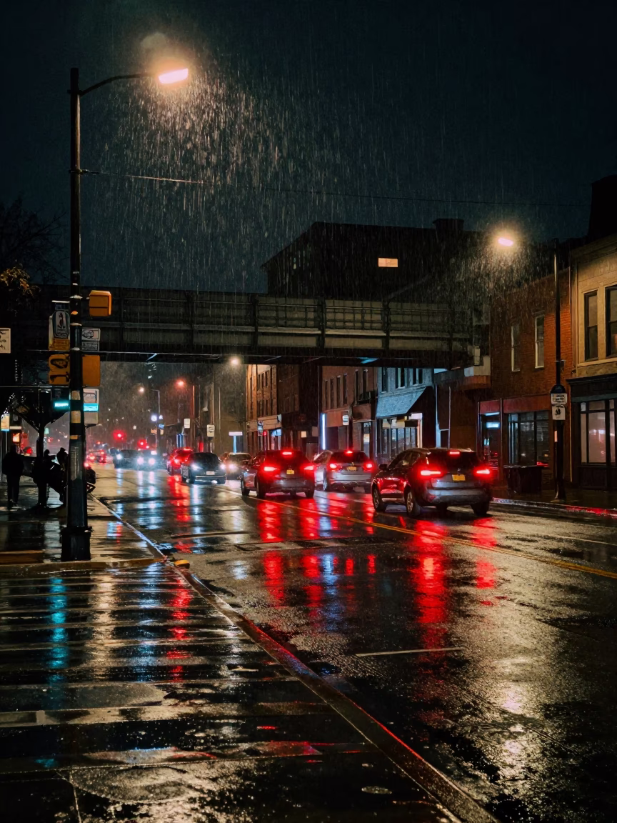 Halifax Night Street Scene with Overpass Taillights and Urban Rain Reflections in in Halifax, Nova Scotia, Canada