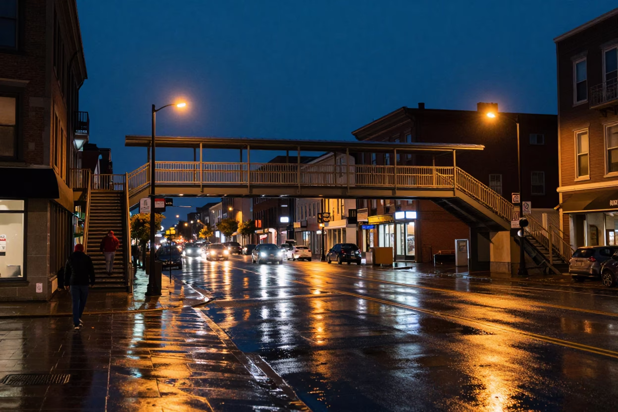Halifax Night Street Scene with Pedestrian Overpass and Wet Footsteps at Midnight in in Halifax, Nova Scotia, Canada