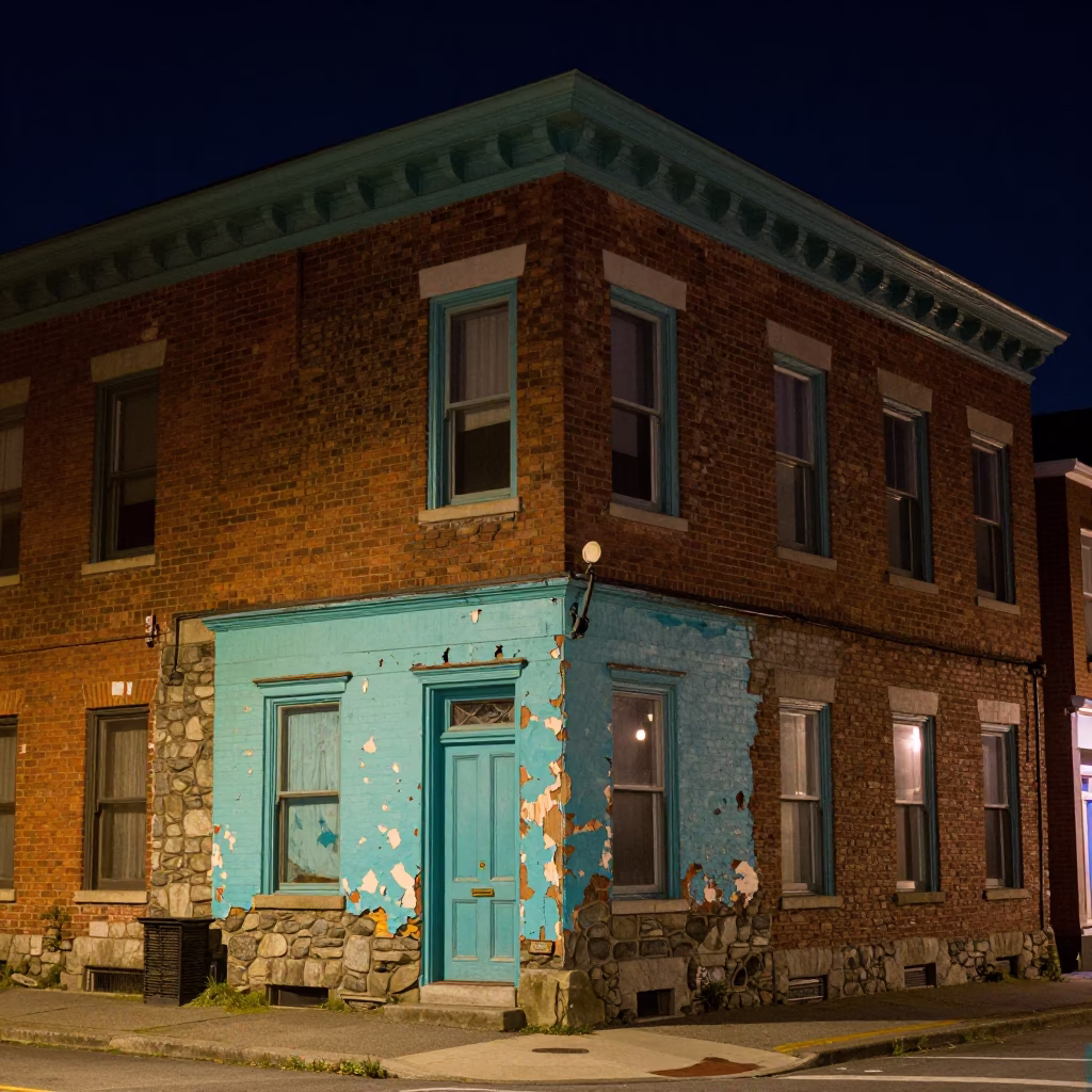 Halifax Night Street Scene with Peeling Turquoise Paint and Staghorn Fern Detail in in Halifax, Nova Scotia, Canada