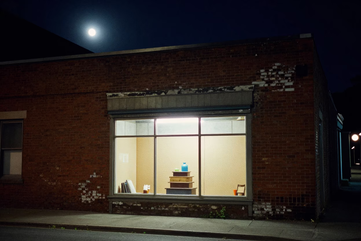 Halifax Night Street Scene with Pegboard Storefront and Moonlit Cobblestones in Nova Scotia in in Halifax, Nova Scotia, Canada