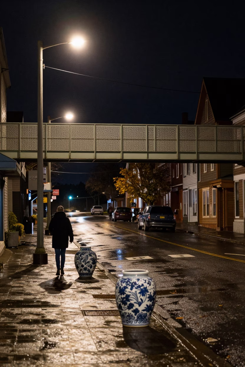 Halifax Night Street Scene with Porcelain Jar and Pedestrian Overpass Reflections in in Halifax, Nova Scotia, Canada