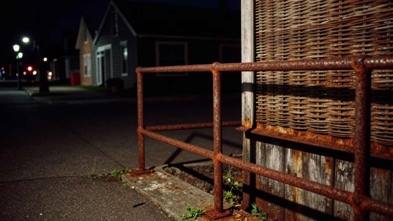 Halifax Night Street Scene with Rusty Metal and Wicker Basket Reflections in in Halifax, Nova Scotia, Canada