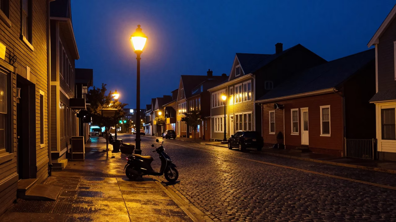 Halifax Night Street Scene with Scooter and Streetlamp Glow in in Halifax, Nova Scotia, Canada