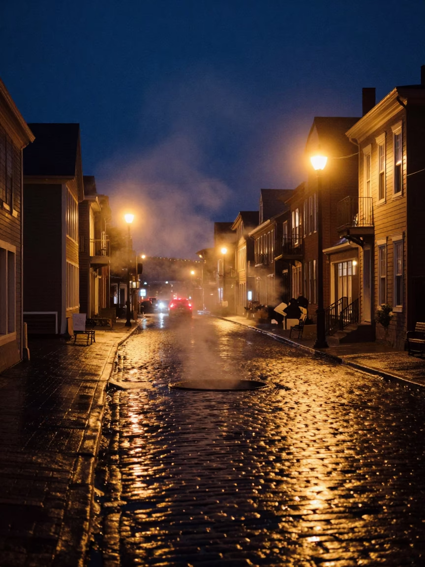 Halifax Night Street Scene with Steam Haze Above Drain and City Lights in in Halifax, Nova Scotia, Canada