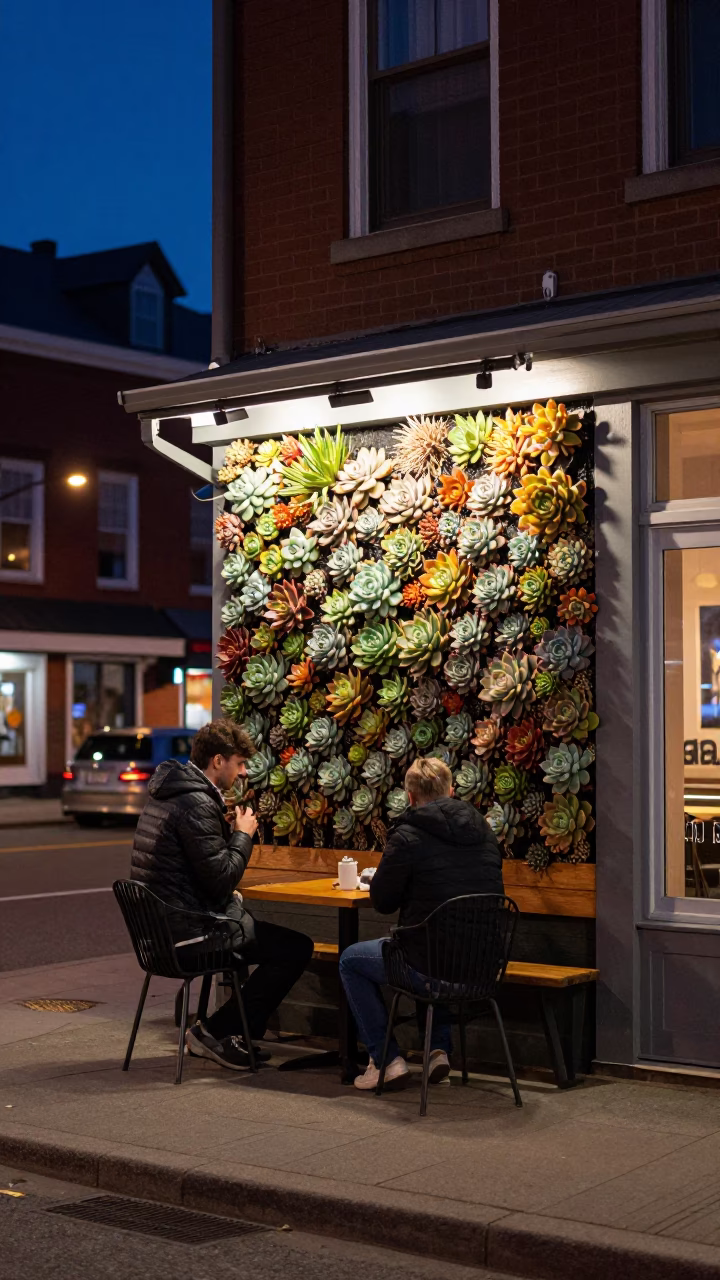 Halifax Night Street Scene with Succulent Cafe Wall and Neon Reflections in in Halifax, Nova Scotia, Canada