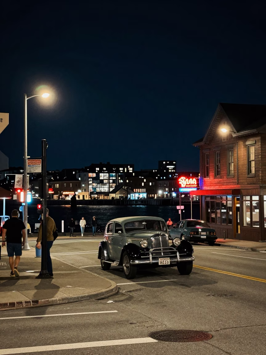 Halifax Night Street Scene with Vintage Car and Neon Signs in in Halifax, Nova Scotia, Canada