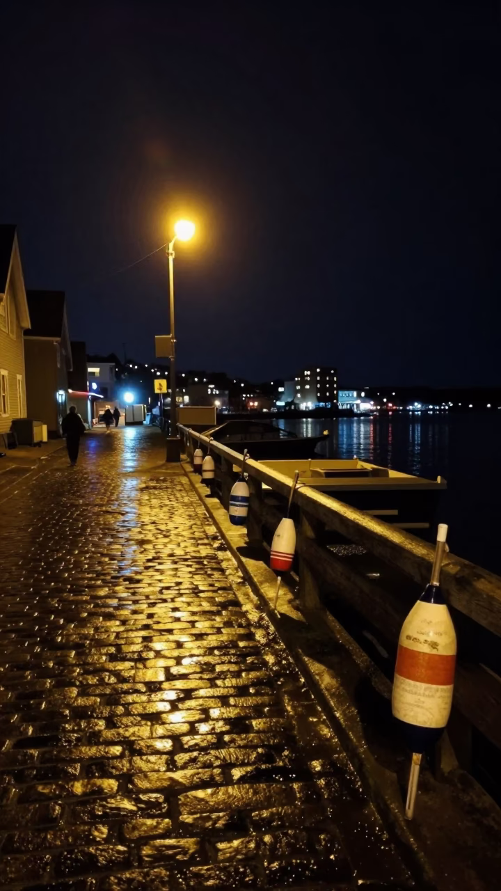 Halifax Night Street Scene with Vintage Fishing Floats and Cobblestone Wharf in in Halifax, Nova Scotia, Canada