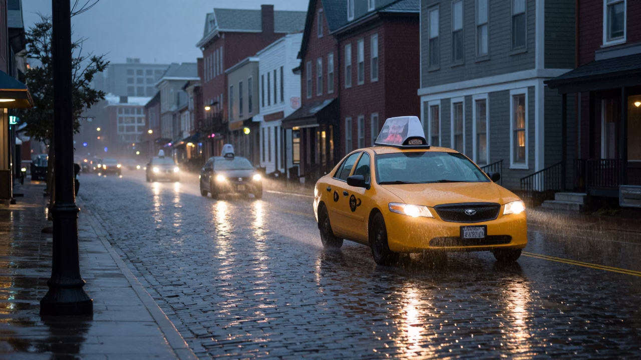 Halifax Night Street Scene with Yellow Taxi and Wet Cobblestones in in Halifax, Nova Scotia, Canada