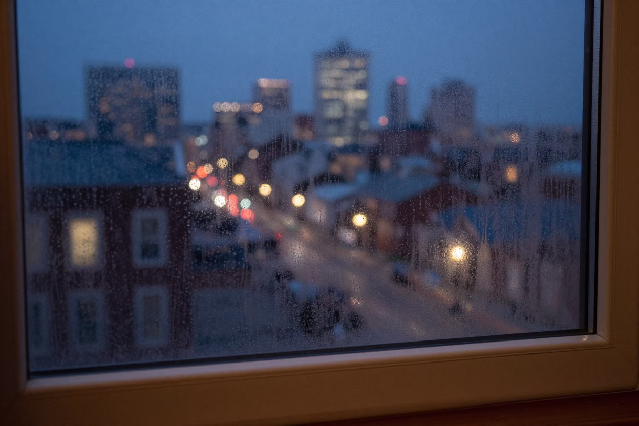 Halifax Night View from Window with Condensation and Classic Bus in in Halifax, Nova Scotia, Canada