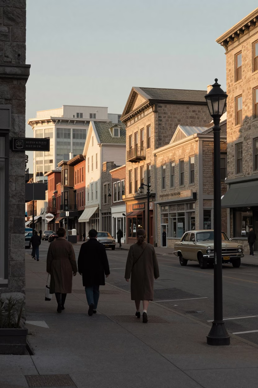Halifax Nova Scotia 1960s Street Scene Honeyed Evening Light Busy Urban Life in in Halifax, Nova Scotia, Canada