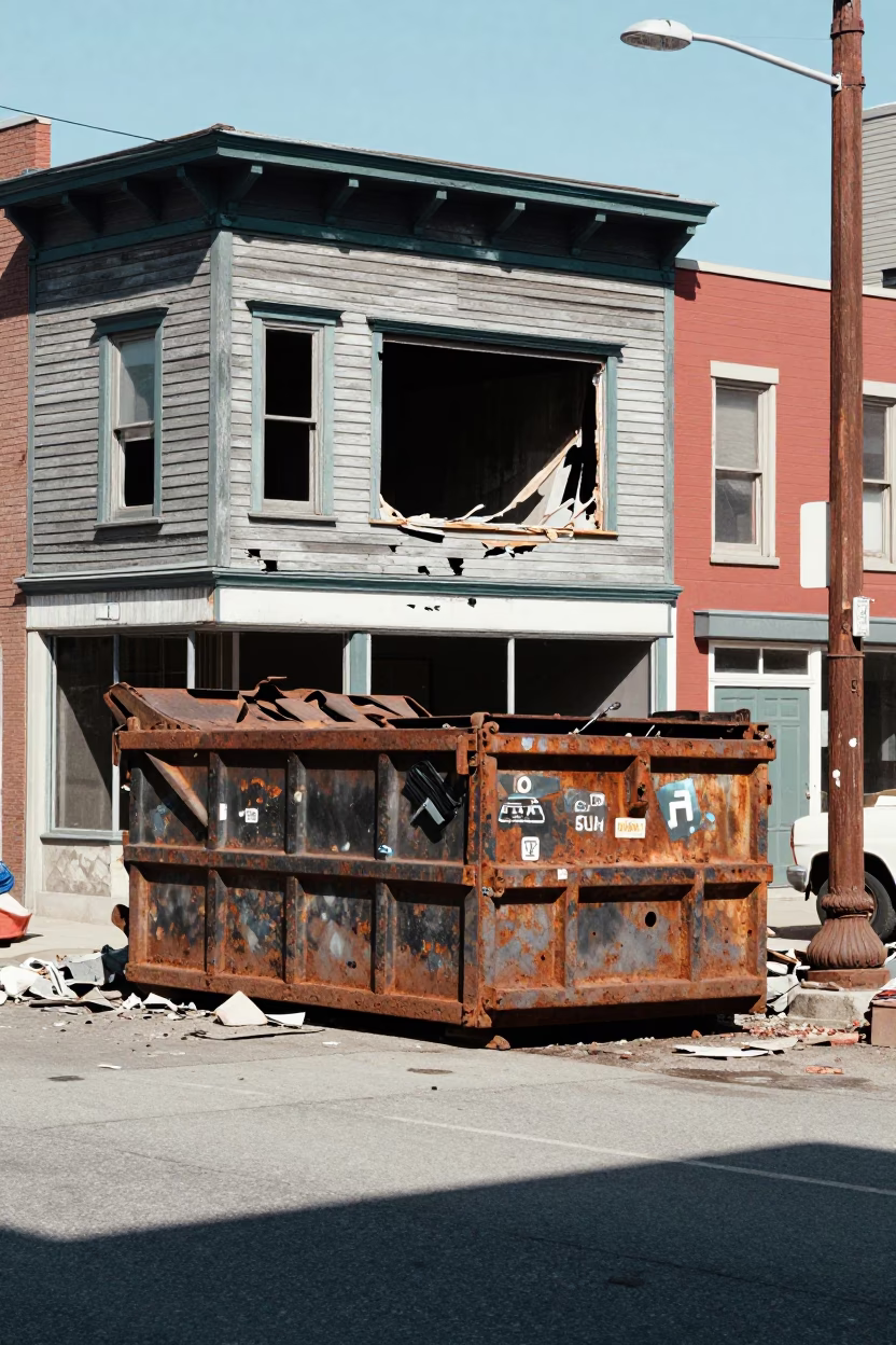 Halifax Nova Scotia 1970s Street Scene with Demolition Dumpster and Historic Brick Architecture in in Halifax, Nova Scotia, Canada