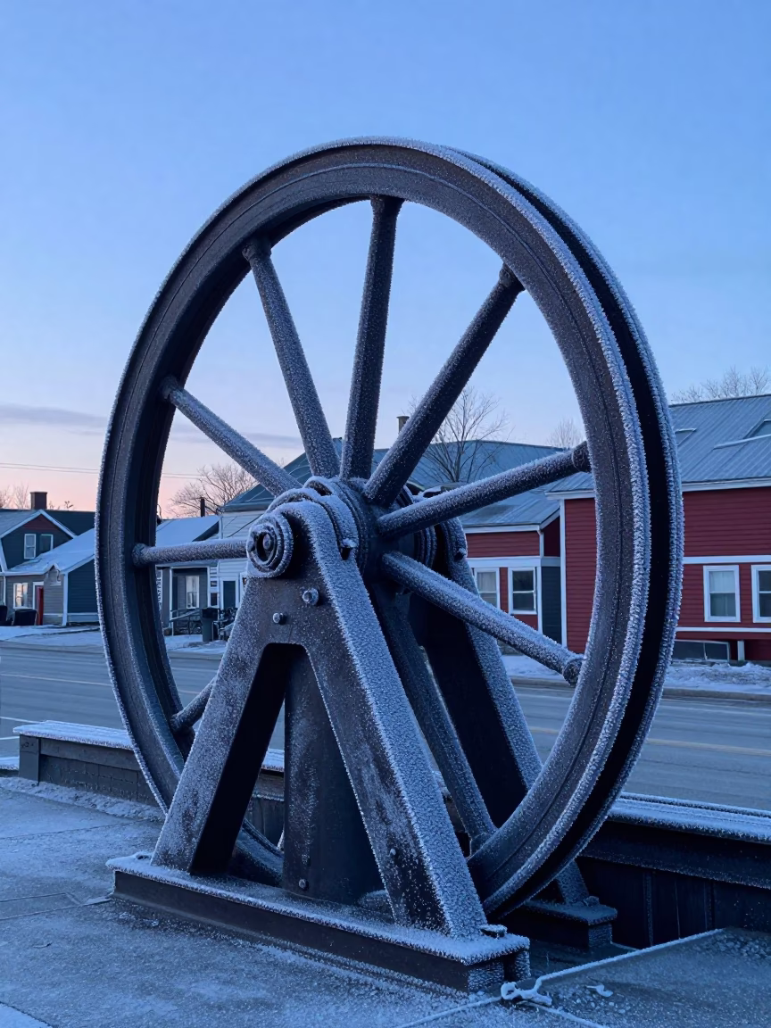 Halifax Nova Scotia Before Sunrise Sluice Gate Wheel Frosty Dawn Street Scene in in Halifax, Nova Scotia, Canada