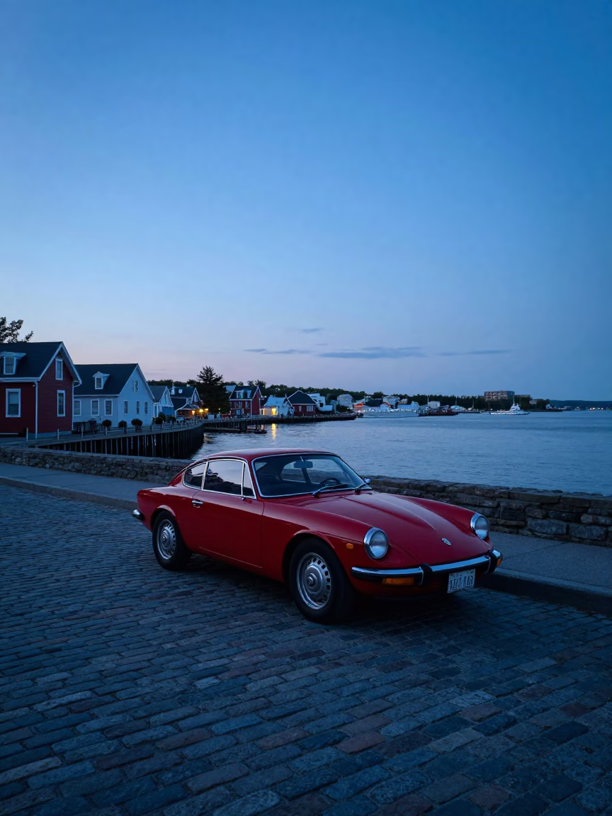 Halifax Nova Scotia Before Sunrise Street Scene with Vintage Car and Lichen Boulder in in Halifax, Nova Scotia, Canada