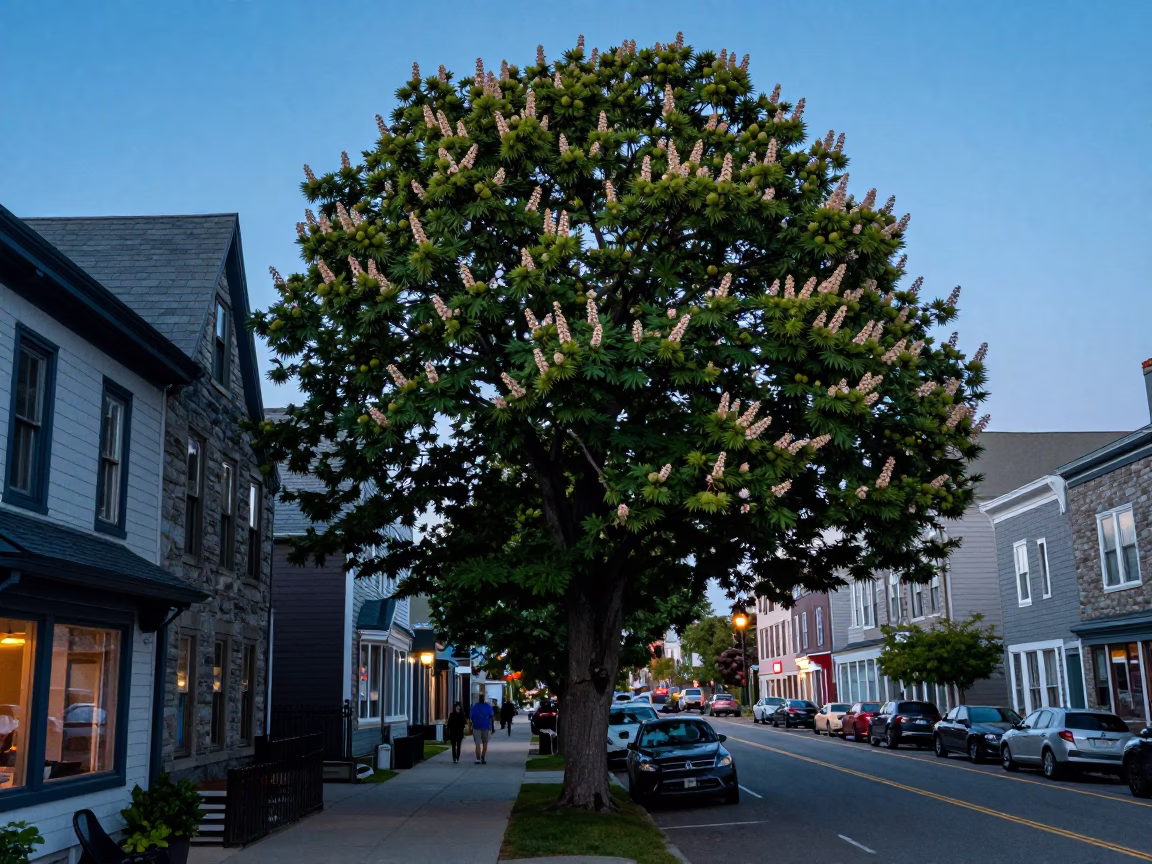 Halifax Nova Scotia Blue Hour Street Scene with Chestnut Tree and Historic Stone Architecture in in Halifax, Nova Scotia, Canada