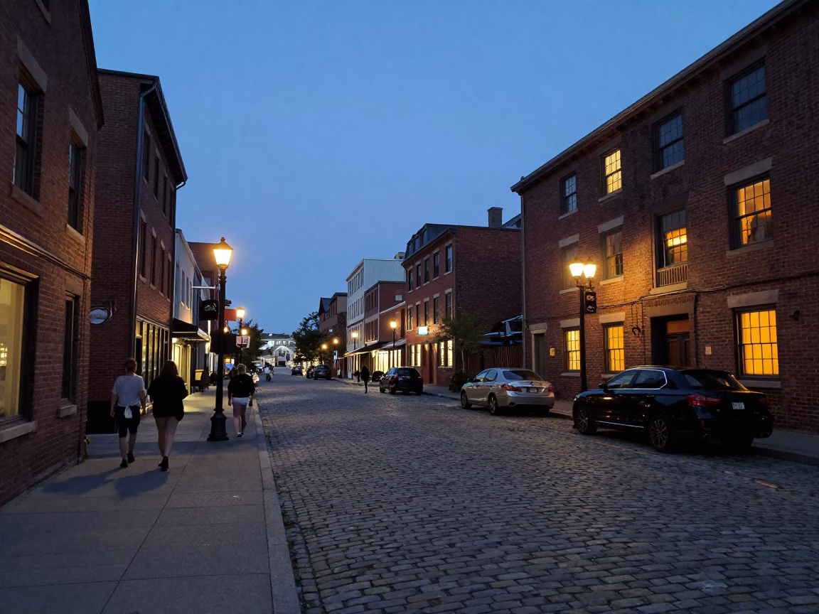 Halifax Nova Scotia Blue Hour Street Scene with Lanterns and Busy Evening Atmosphere in in Halifax, Nova Scotia, Canada