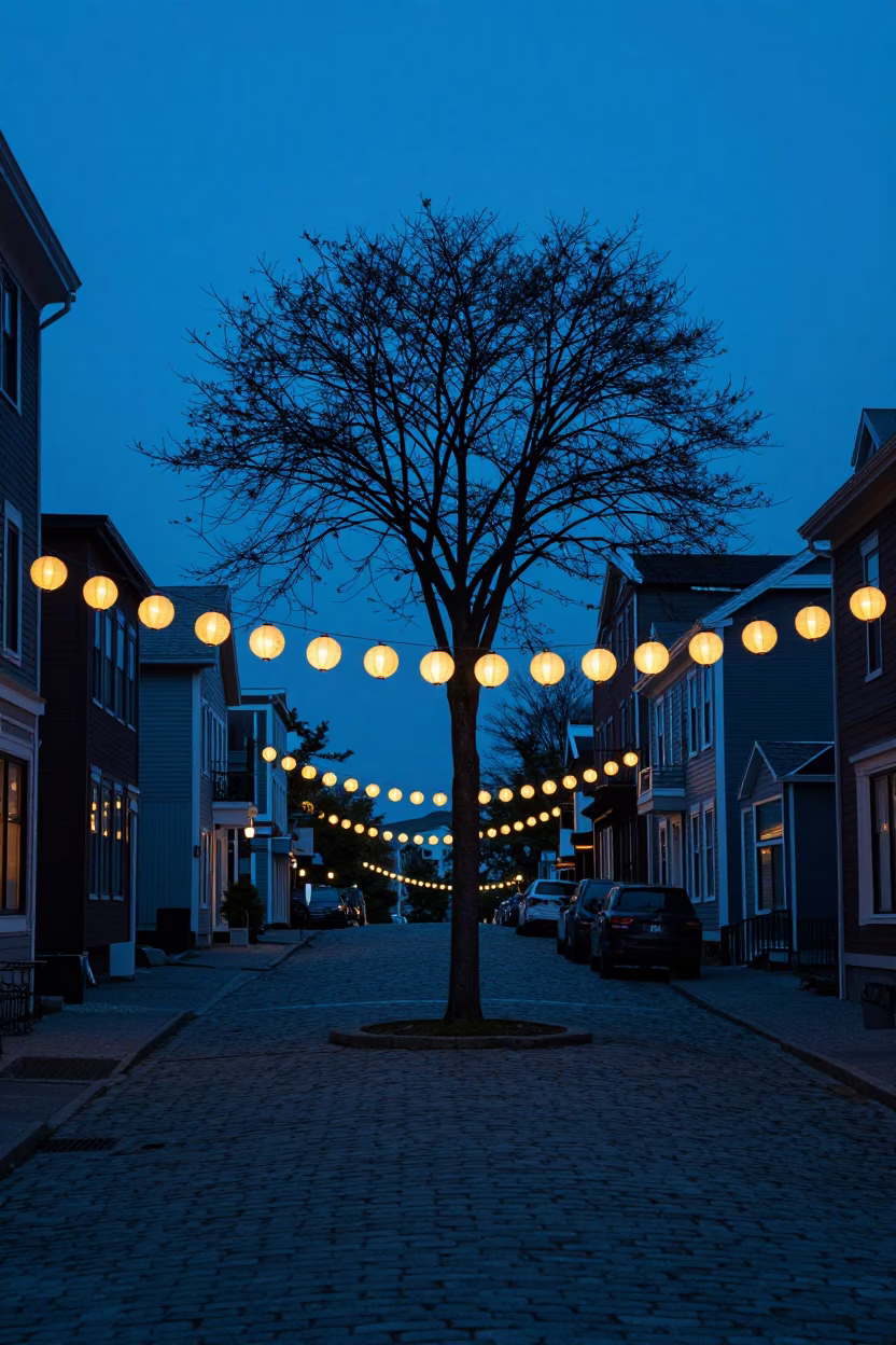 Halifax Nova Scotia Blue Hour Street Scene with Paper Lantern and Tree in in Halifax, Nova Scotia, Canada