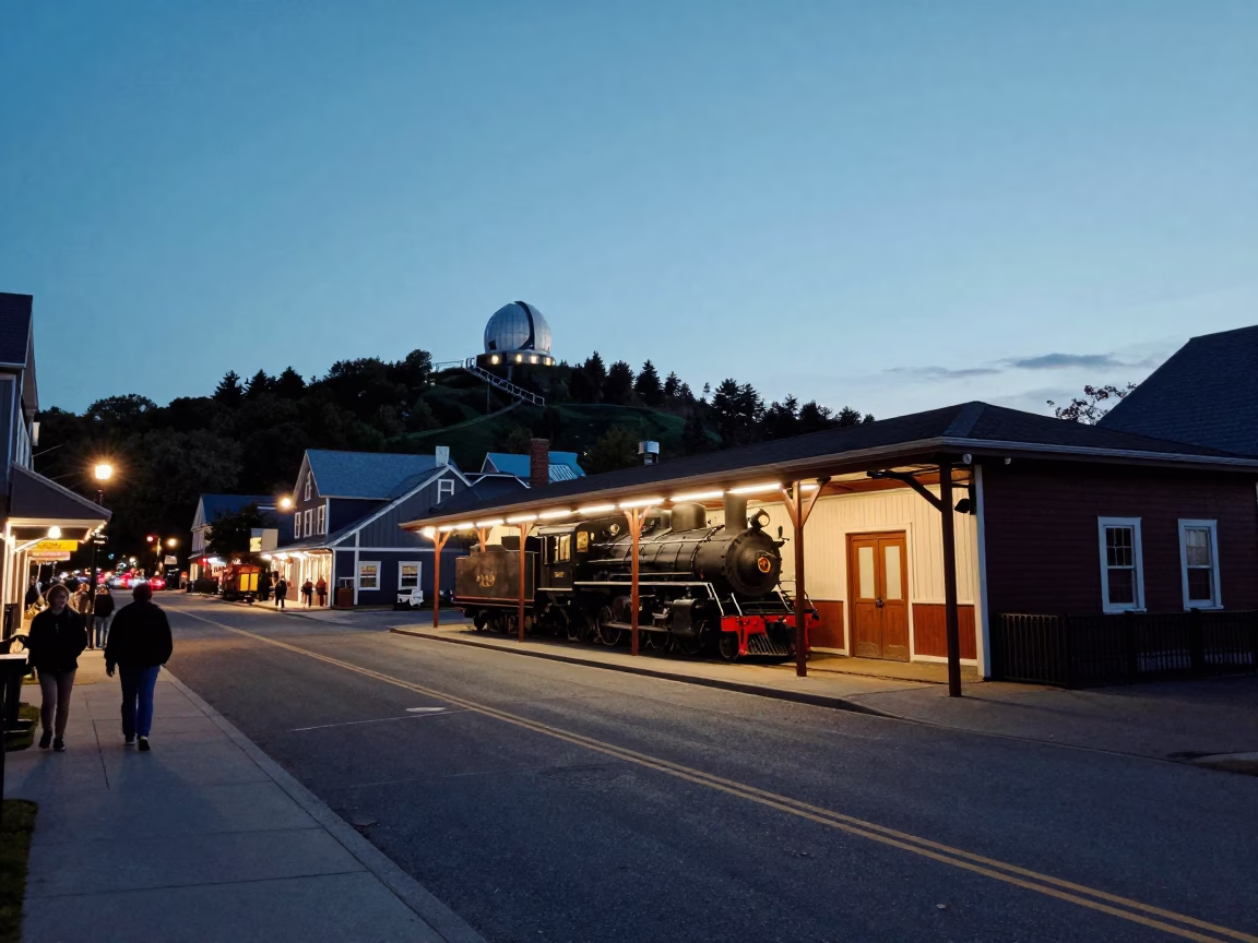 Halifax Nova Scotia Blue Hour Street Scene with Vintage Locomotive and Observatory Hill in in Halifax, Nova Scotia, Canada