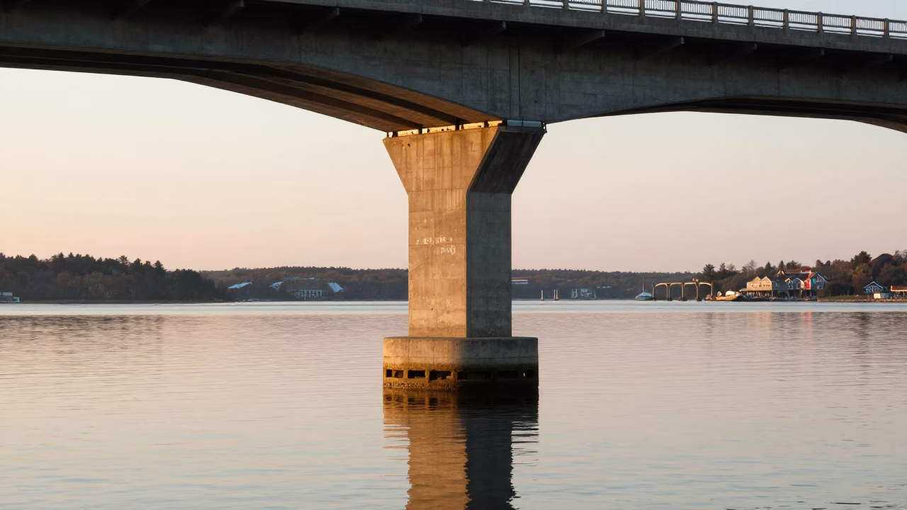 Halifax Nova Scotia Bridge Pier in Mirror Still Dawn Water After Sunrise in in Halifax, Nova Scotia, Canada