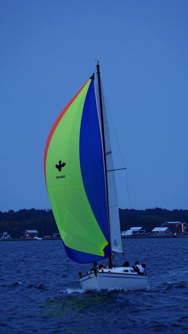 Halifax Nova Scotia Canada Harbor Twilight Sailboat Running Downwind with Spinnaker Deployed in in Halifax, Nova Scotia, Canada