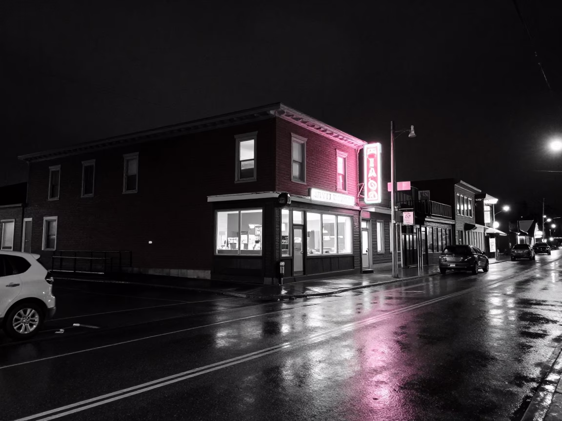 Halifax Nova Scotia Canada late night street scene with neon signs and wet pavement in in Halifax, Nova Scotia, Canada
