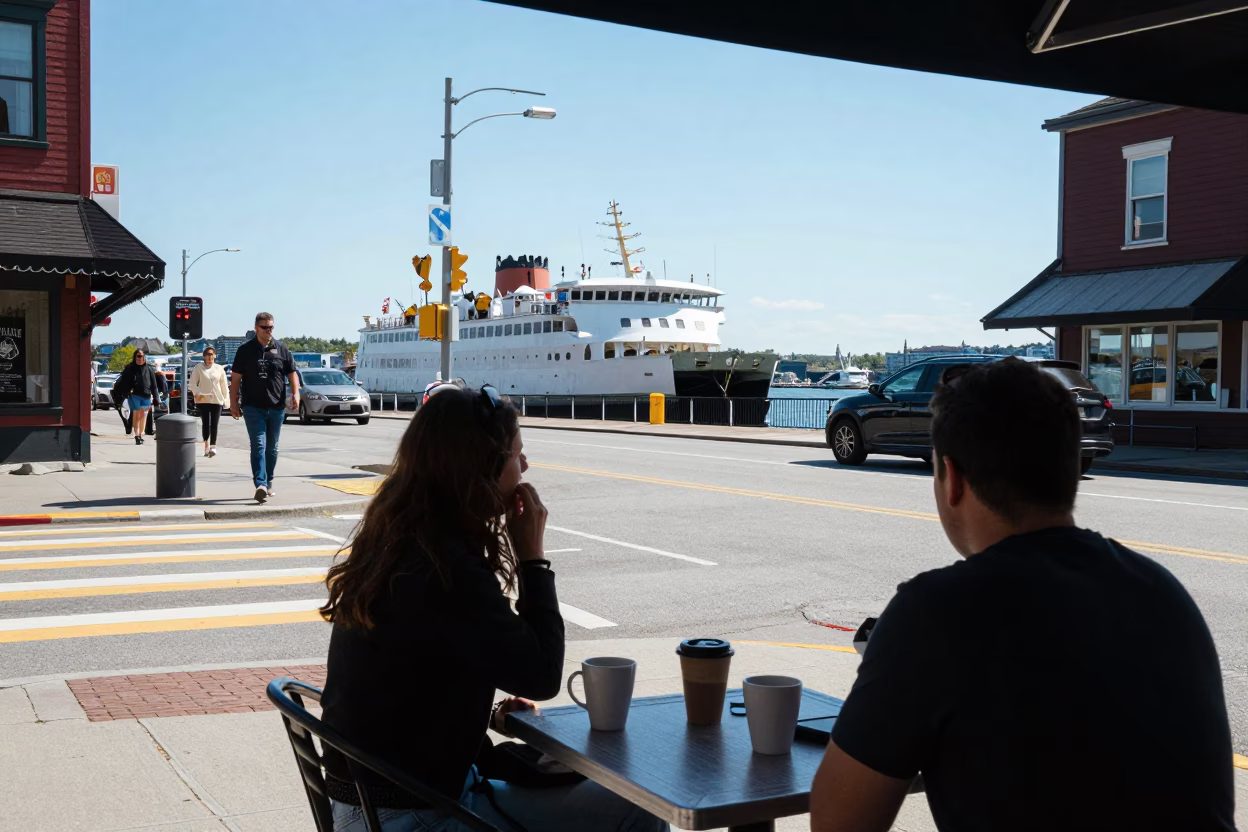 Halifax Nova Scotia Canada Midday Street Scene with Ferry and Coffee Mugs in in Halifax, Nova Scotia, Canada