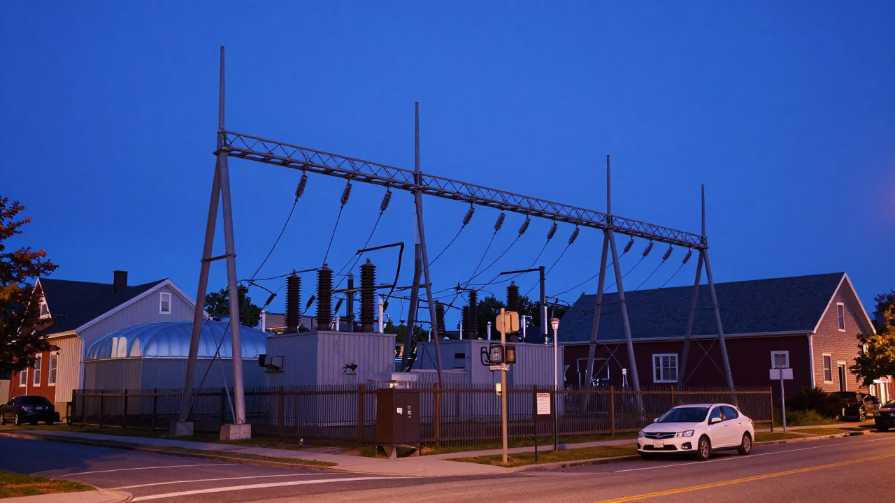 Halifax Nova Scotia Canada Twilight Street Scene with Power Substation and Blueberries in in Halifax, Nova Scotia, Canada