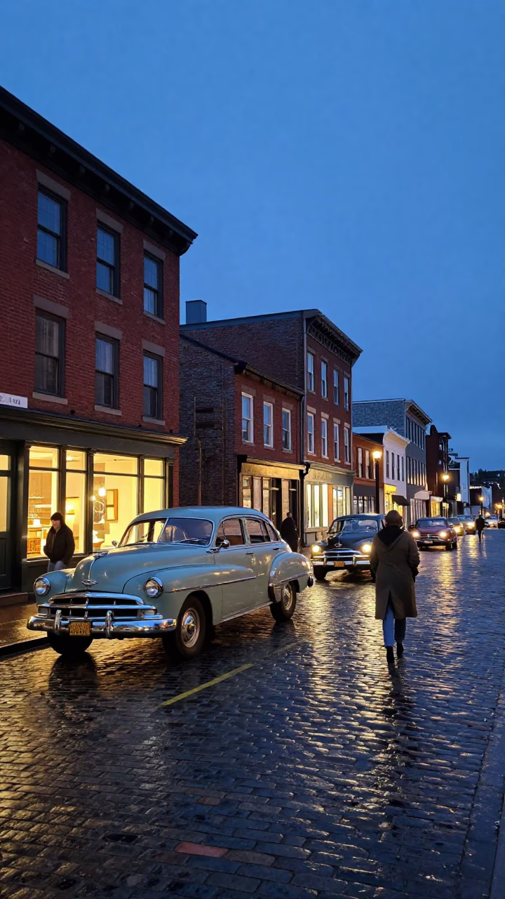 Halifax Nova Scotia Canada Twilight Street Scene with Vintage Cars and Brick Architecture in in Halifax, Nova Scotia, Canada