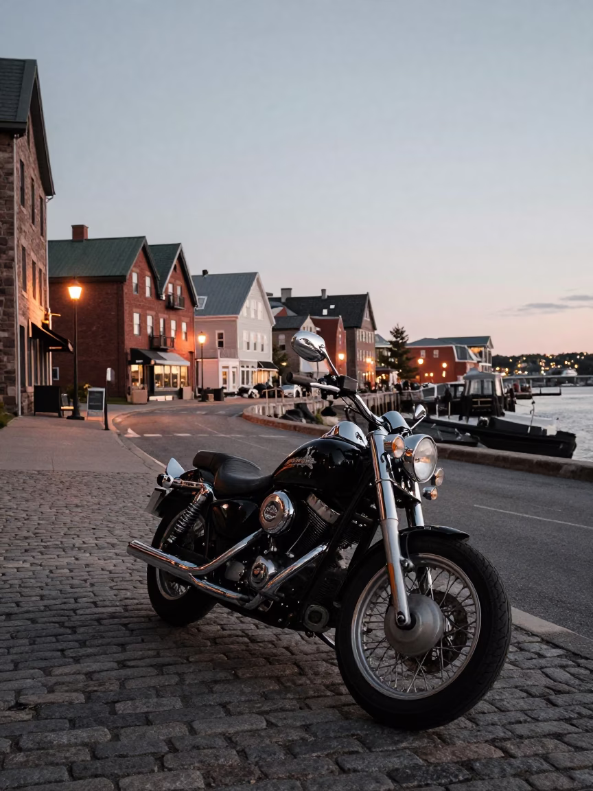 Halifax Nova Scotia Canada Twilight Street Scene with Vintage Motorcycle and Harbor Lights in in Halifax, Nova Scotia, Canada