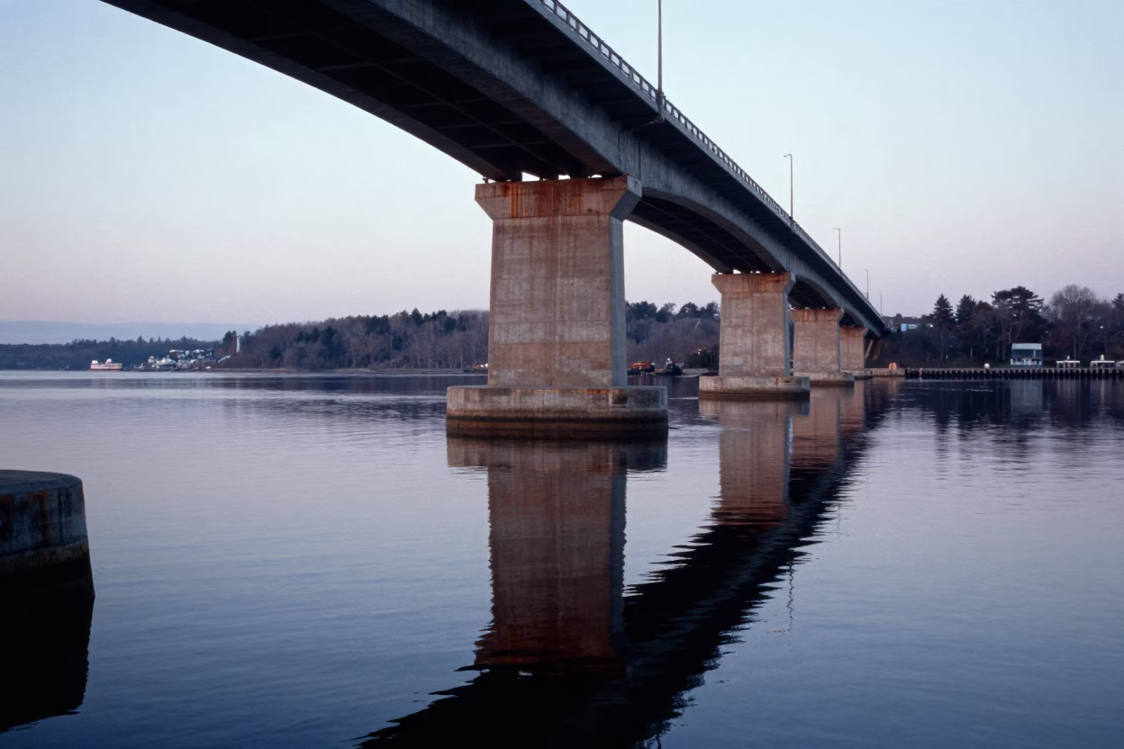 Halifax Nova Scotia Dawn Bridge Pier Reflections and Harbor Water in in Halifax, Nova Scotia, Canada