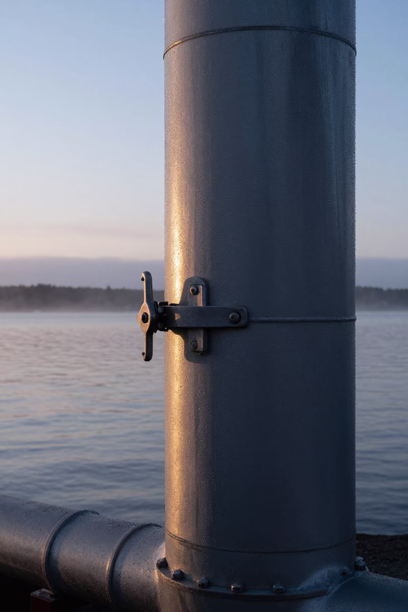 Halifax Nova Scotia Dawn Condensation on Industrial Pipeline Latch Near Waterfront in in Halifax, Nova Scotia, Canada
