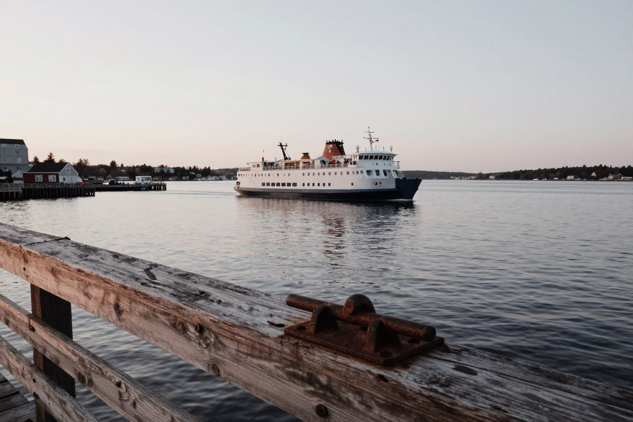 Halifax Nova Scotia Dawn Ferry Approaching Harbor Iron Deadbolt and Maritime Mist in in Halifax, Nova Scotia, Canada