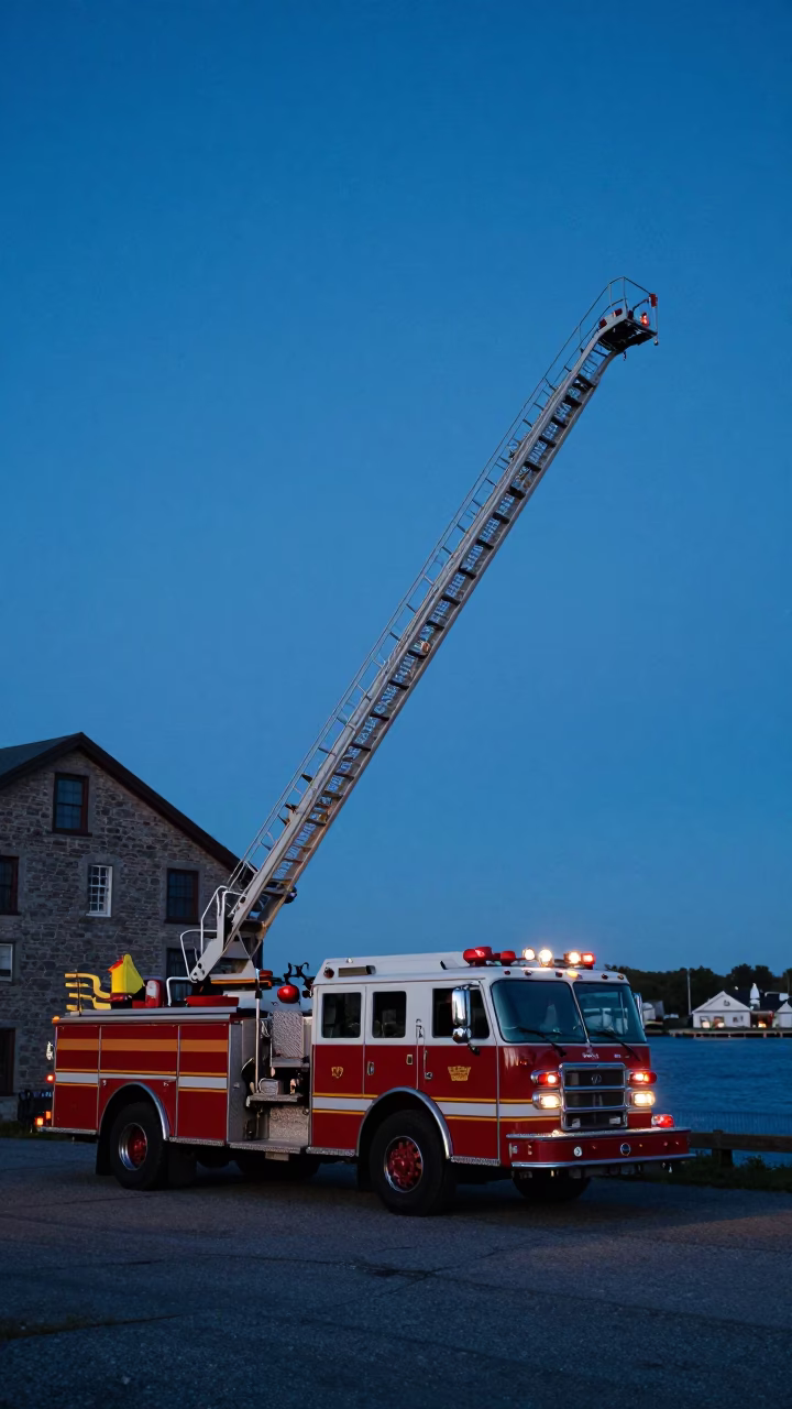 Halifax Nova Scotia Dawn Fire Engine Ladder Extended Against Pre-Dawn Sky in in Halifax, Nova Scotia, Canada