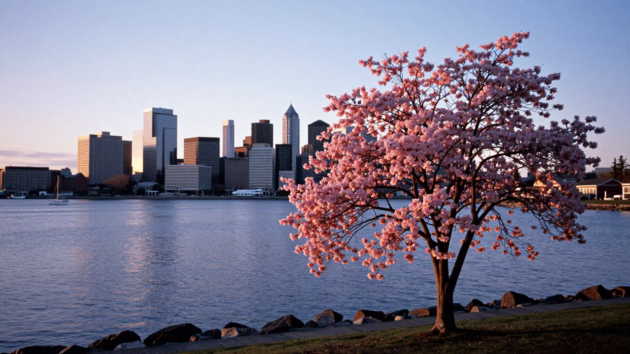 Halifax Nova Scotia Dawn Harbor with Dogwood Tree and City Skyline in in Halifax, Nova Scotia, Canada