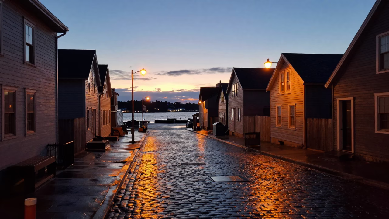 Halifax Nova Scotia Dawn Harbour Street Scene with Vintage 1990s Realism in in Halifax, Nova Scotia, Canada