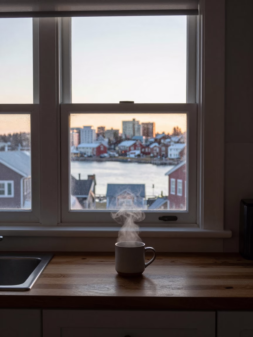 Halifax Nova Scotia Dawn Interior with Steam Rising from Hot Coffee Cup in in Halifax, Nova Scotia, Canada