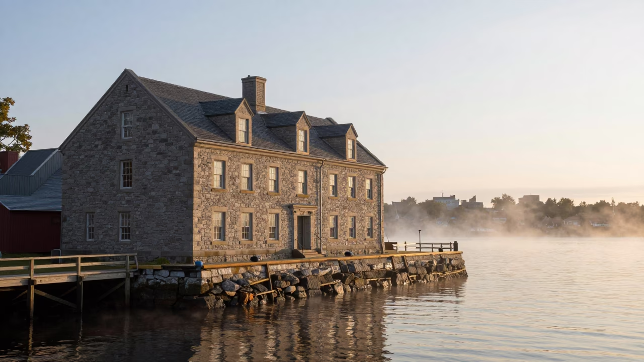 Halifax Nova Scotia Dawn Light on Historic Stone Architecture and Harbor Waterfront in in Halifax, Nova Scotia, Canada