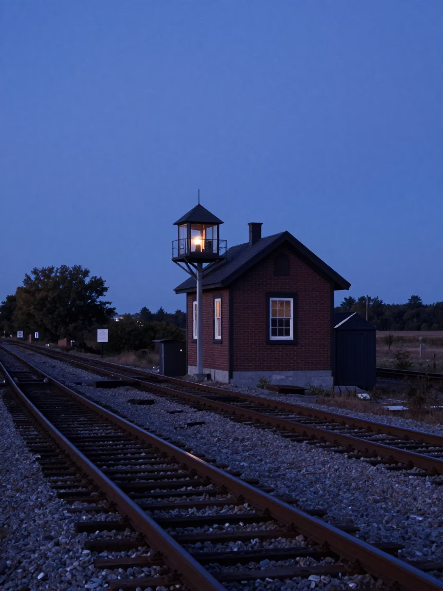Halifax Nova Scotia Dawn Railway Signal Cabin Beside Switch Tracks Before Sunrise in in Halifax, Nova Scotia, Canada
