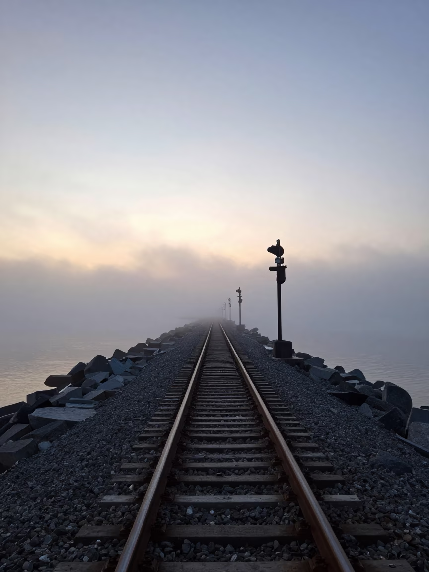 Halifax Nova Scotia Dawn Sea Fog Breakwater Signal Gantry Rail Lines Substation in in Halifax, Nova Scotia, Canada