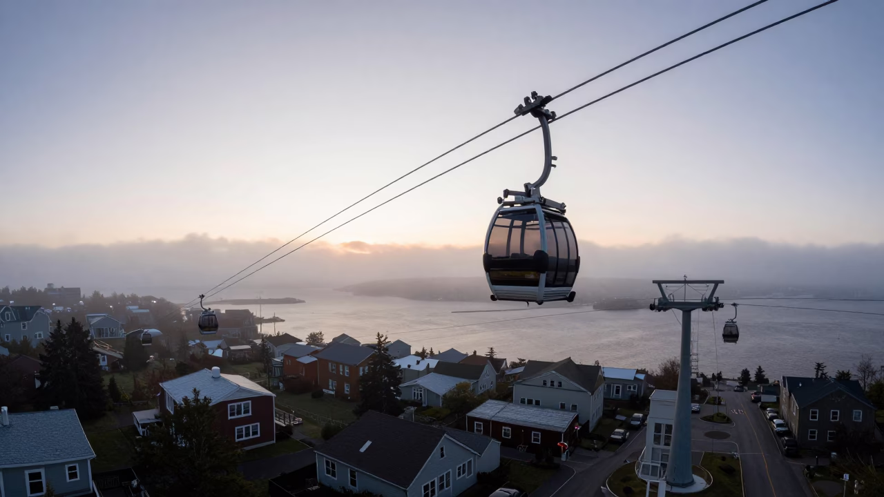 Halifax Nova Scotia Dawn Street Scene with Aerial Tramway Gondola and Morning Fog in in Halifax, Nova Scotia, Canada