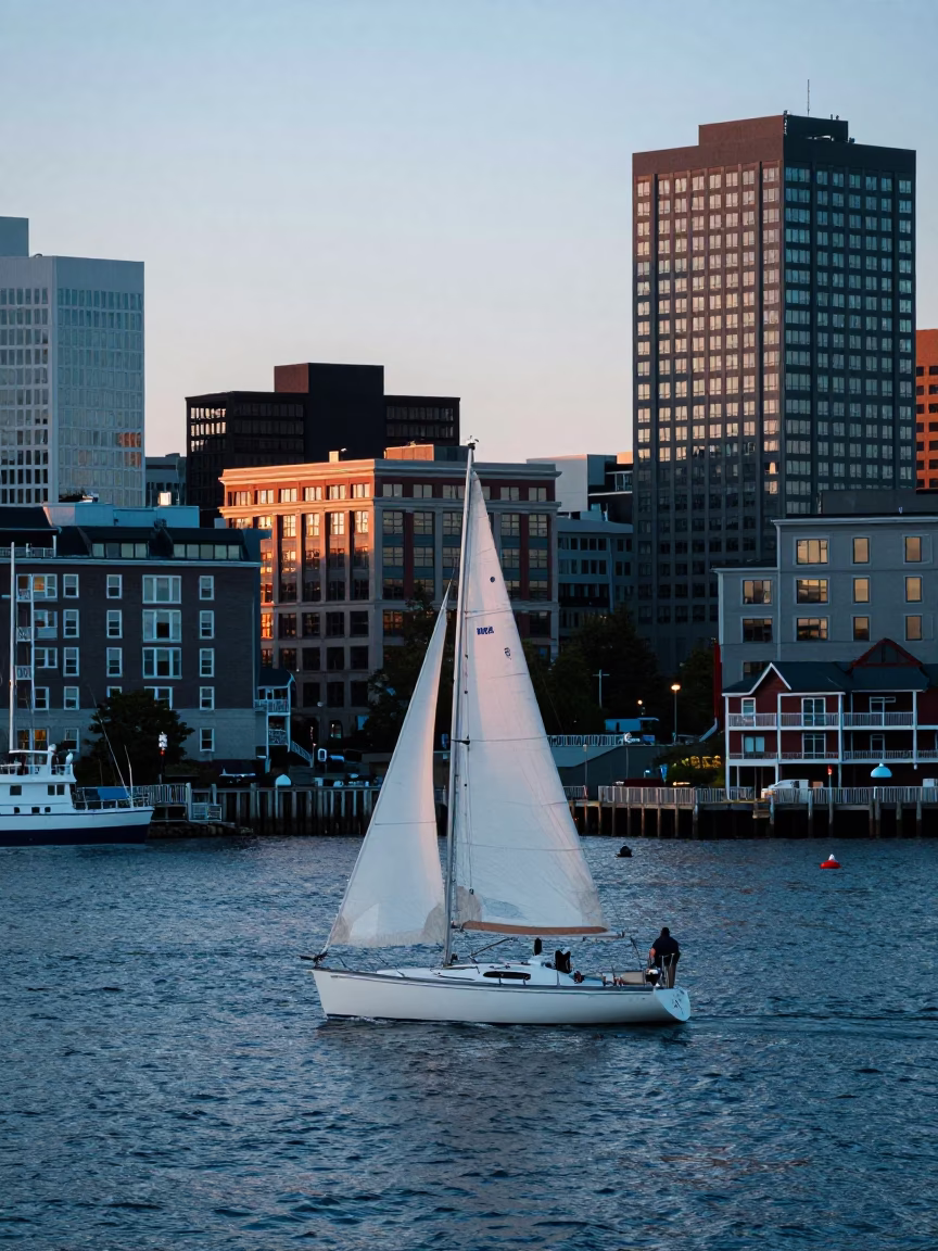 Halifax Nova Scotia Dawn Street Scene with Sailboat and Urban Architecture in in Halifax, Nova Scotia, Canada