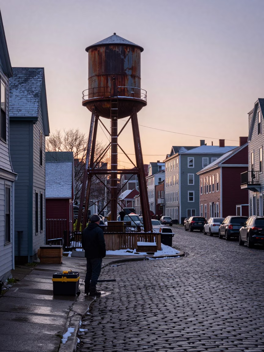 Halifax Nova Scotia Dawn Street Scene with Toolbox and Water Tower Frost in in Halifax, Nova Scotia, Canada