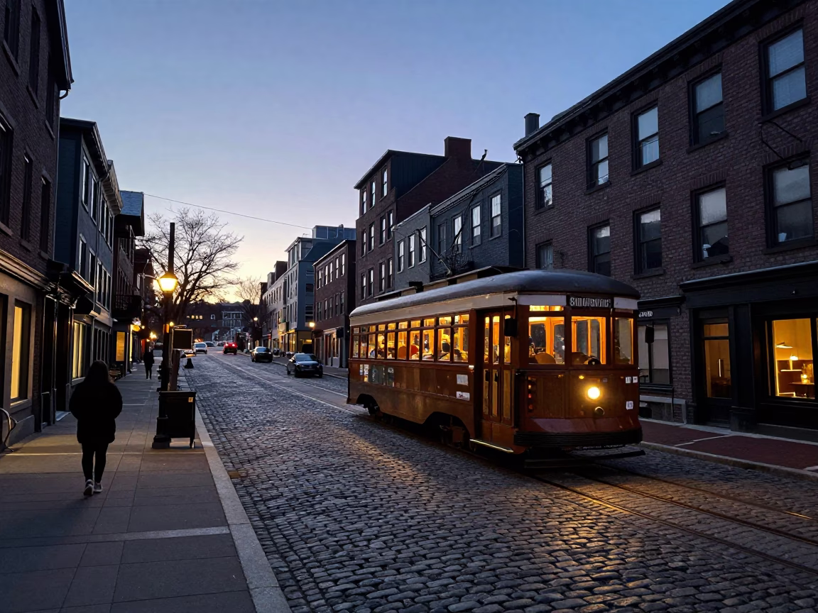 Halifax Nova Scotia Dawn Street Scene with Tram and Winter Atmosphere in in Halifax, Nova Scotia, Canada