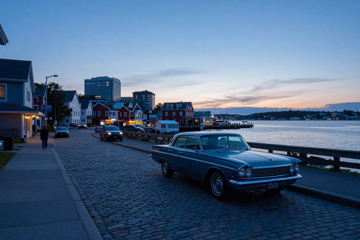 Halifax Nova Scotia Dawn Street Scene with Vintage Cars and Harbor Fog in in Halifax, Nova Scotia, Canada