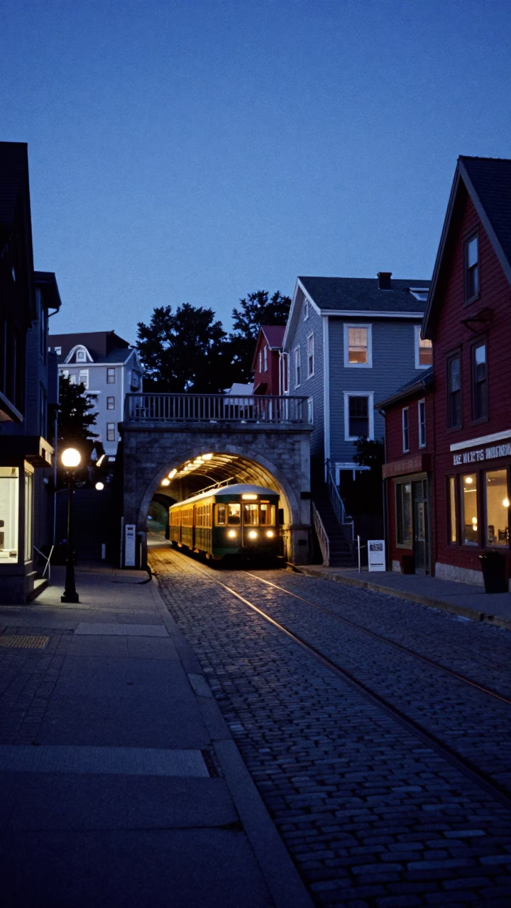 Halifax Nova Scotia Dawn Street Scene with Vintage Metro Train Tunnel Exit in in Halifax, Nova Scotia, Canada