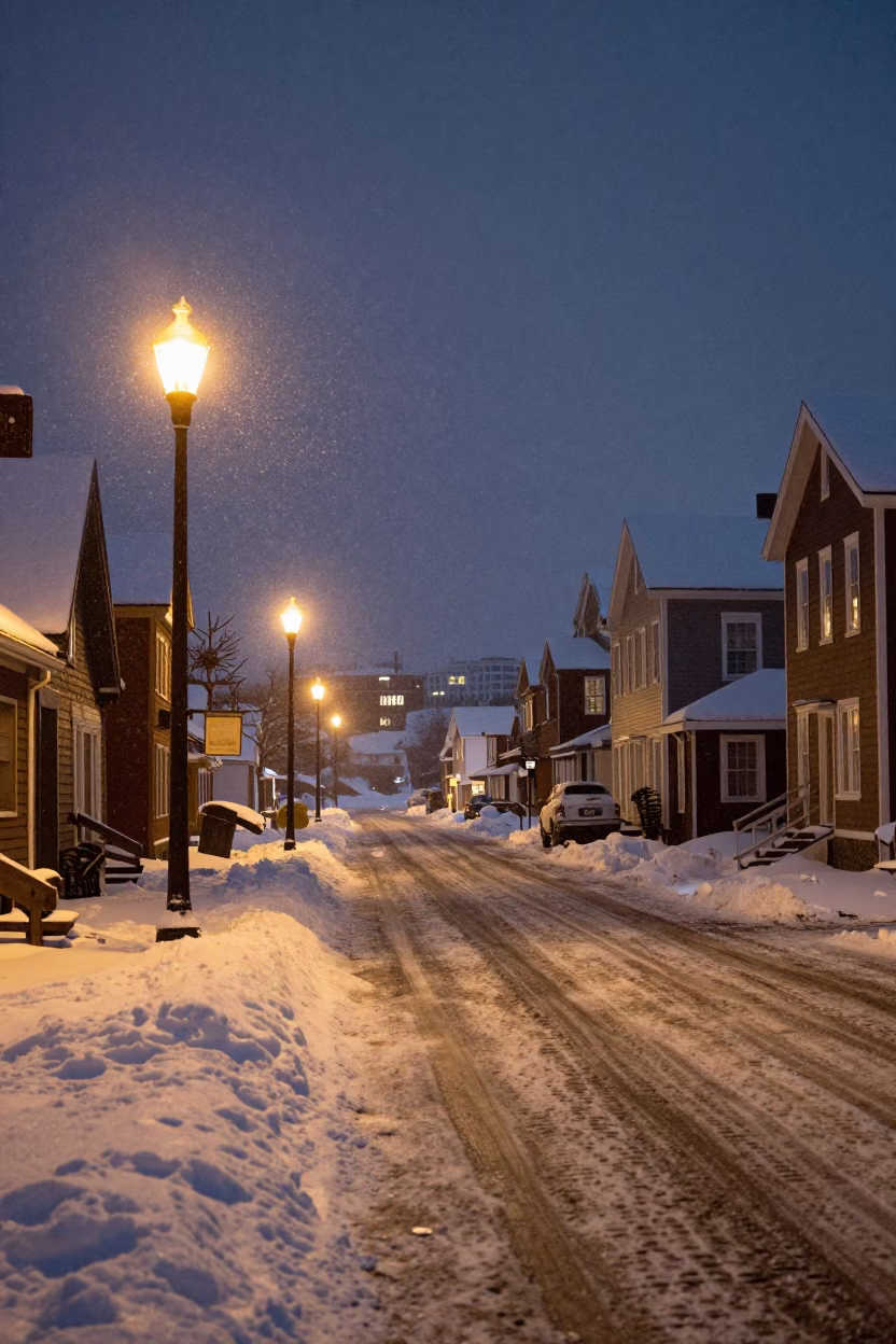 Halifax Nova Scotia deep night harbor street scene with snow and streetlights in in Halifax, Nova Scotia, Canada