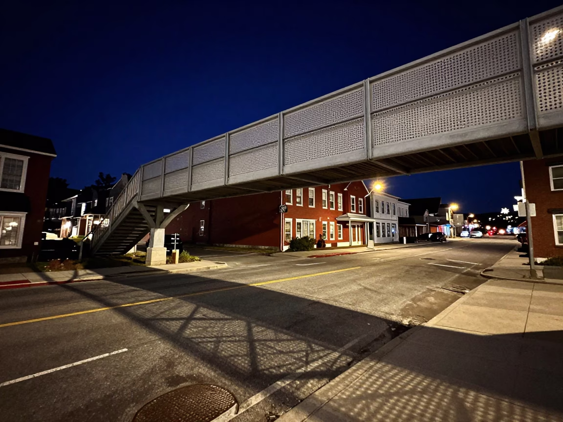 Halifax Nova Scotia Deep Night Street Scene with Pedestrian Overpass and Wet Footsteps in in Halifax, Nova Scotia, Canada