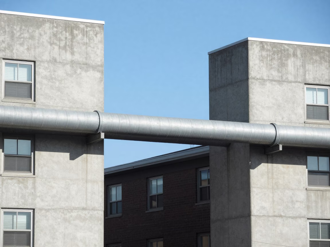 Halifax Nova Scotia District Heating Pipe Crossing Between Concrete Apartment Blocks at Noon in in Halifax, Nova Scotia, Canada