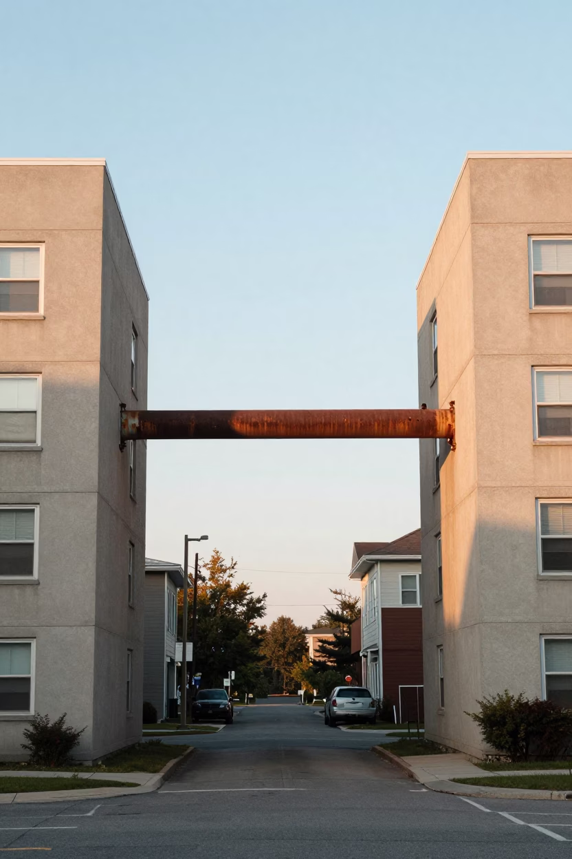 Halifax Nova Scotia District Heating Pipe Crossing Concrete Apartment Blocks at Sunrise in in Halifax, Nova Scotia, Canada