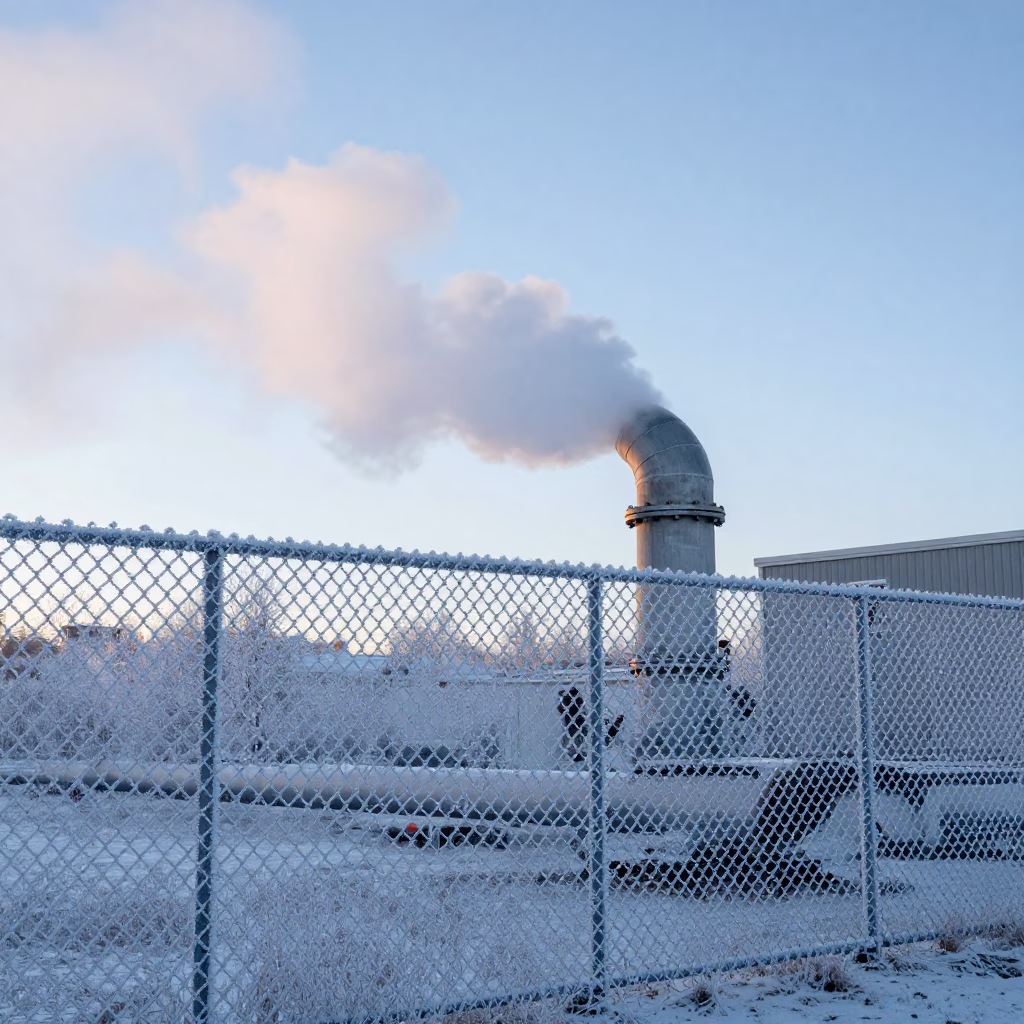 Halifax Nova Scotia District Heating Pipe Elbow Steaming Behind Frost Coated Fencing Before Sunrise in in Halifax, Nova Scotia, Canada